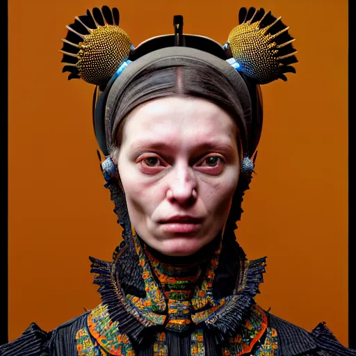 Image similar to Colour Caravaggio style Photography of Highly detailed beautiful Woman with 1000 years detailed face and wearing detailed Ukrainian folk costume designed by Taras Shevchenko also wearing highly detailed retrofuturistic sci-fi Neural interface designed by Josan Gonzalez. Many details In style of Josan Gonzalez and Mike Winkelmann and andgreg rutkowski and alphonse muchaand and Caspar David Friedrich and Stephen Hickman and James Gurney and Hiromasa Ogura. Rendered in Blender and Octane Render volumetric natural light