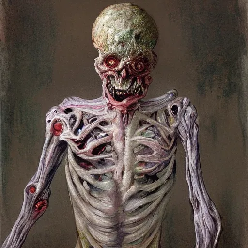 Image similar to digital art of a terrifying body horror humanoid creature painted by james ensor goya, trevor henderson and tyedied