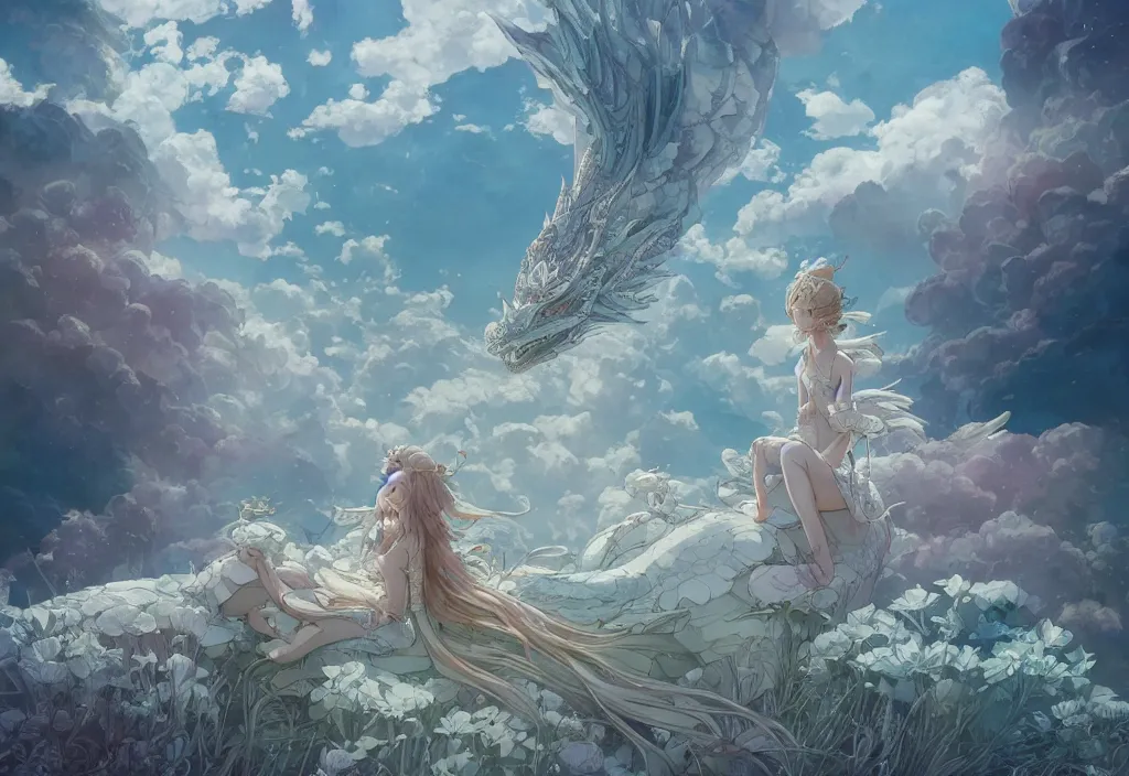 Image similar to the beautiful hyper detailed scene render that a lonely single beautiful girl lies in the arms of a huge silver dragon alone in the fairyland surrounded by white clouds, in the style of makoto shinkai victo ngai and peter mohrbacher studio ghibli artgerm karol bak beeple, cinematic, absolutely beautiful, ultra wide angle, animation style, 8 k hd