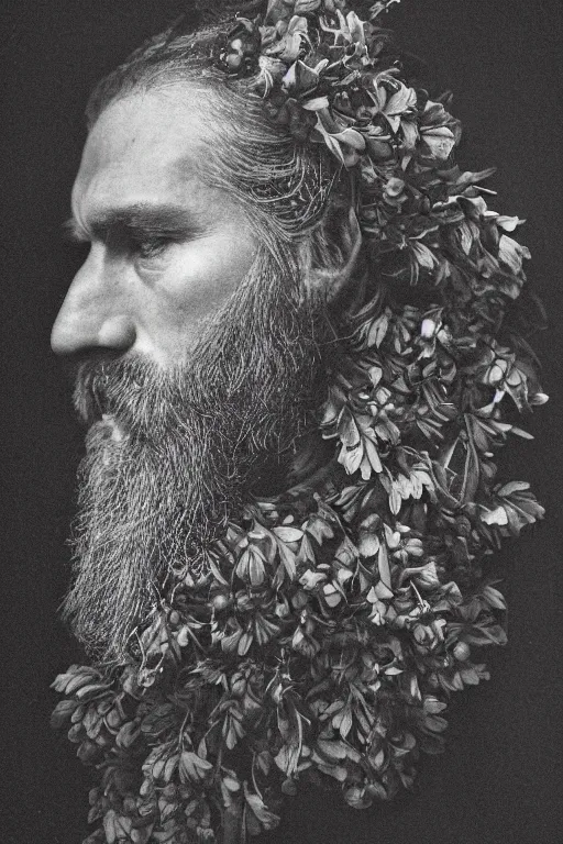 Image similar to a man's face in profile, long beard, made of flowers and fruit, in the style of the Dutch masters and Alec Soth, dark and moody
