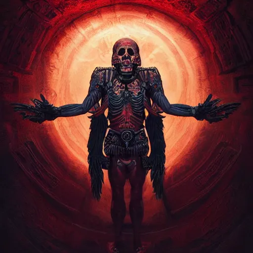 Image similar to digital _ painting _ of _ cizkin god of death mayan _ by _ filipe _ pagliuso _ and _ justin _ gerard _ symmetric _ fantasy _ highly _ detailed _ realistic _ intricate _ port glowing red eyes, space background