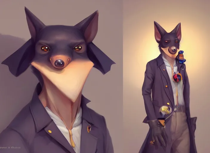Image similar to character portrait feature of the anthro male anthropomorphic rodrigues fruit bat fursona wearing airline pilot outfit uniform professional pilot character design stylized by charlie bowater, ross tran, artgerm, and makoto shinkai, detailed, soft lighting, rendered in octane
