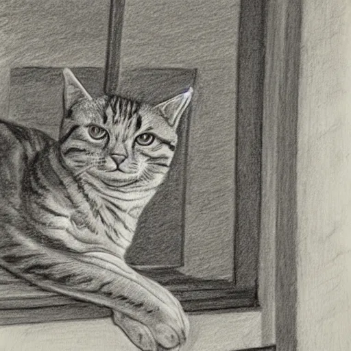 Image similar to a tabby cat named clarence laying on a table looking out the window, it is a sunny day, in the style of a hand drawn pencil sketch