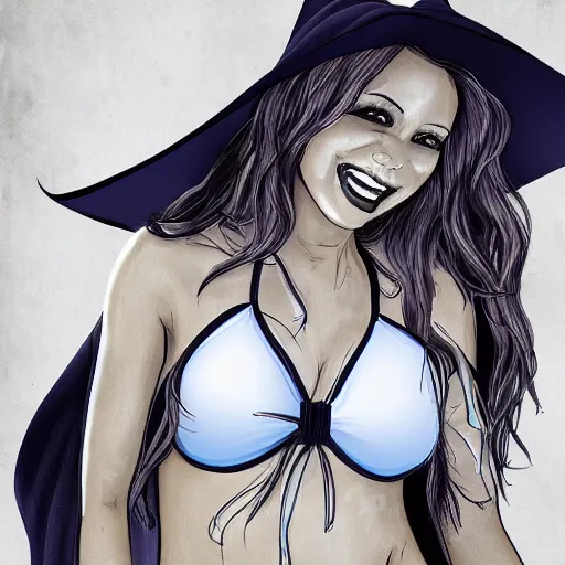 Image similar to witch in a bikini, digital art, smiling, flirting, eye contact, long shot