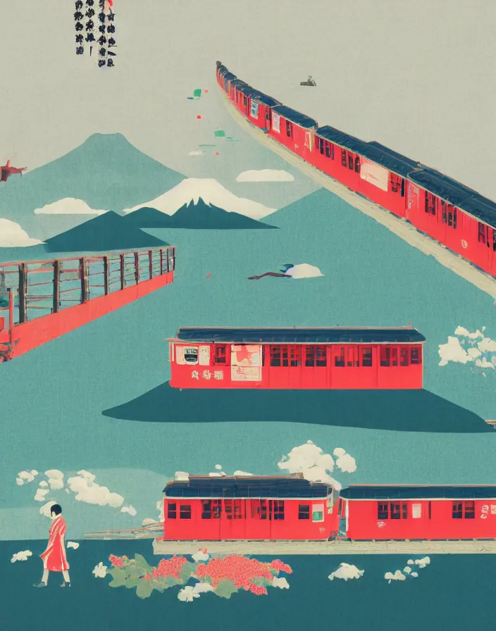 Image similar to seaside tail train rural japan, a collage painting, in the style of wes anderson, lola dupre, david hockney, isolated on negative white space background dark monochrome fluorescent spraypaint accents volumetric octane render, not double decker