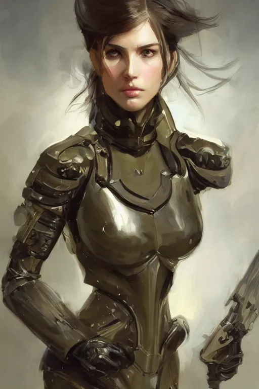 Image similar to a professionally painted portrait of an attractive young woman, clothed in military armor, olive skin, long dark hair, beautiful bone structure, symmetrical facial features, intricate, elegant, digital painting, trending on Artstation, concept art, smooth, sharp focus, illustration, from Metal Gear by Ruan Jia and Mandy Jurgens and Artgerm and William-Adolphe Bouguerea, award winning