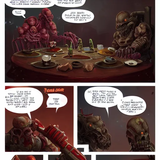 Prompt: doom slayer having a tea party with an arch - vile