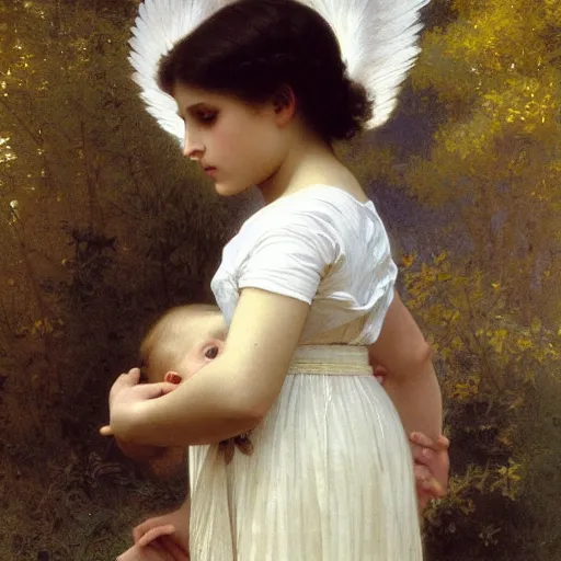 Image similar to Little angel with white feather wings on the back, Golden Ribbon, and white leggings Covered in stars. Short Hair. Sunlit. Haute Couture. Art by william-adolphe bouguereau and Paul Delaroche and Alexandre Cabanel and Lawrence Alma-Tadema and Johannes Helgeson. Smooth. Elegant. Highly Detailed. Intricate. 4K. UHD. Denoise.