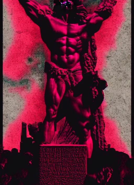 Image similar to black background with subtle red and purple design elements, statue of hercules, nekro, collage art, thin lines, dark, glitch art, neo vaporwave, gritty, layout frame, trending on artstation