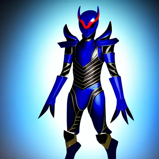 Image similar to High Fantasy Kamen Rider, single character full body, 4k, glowing eyes, daytime, rubber suit, dark blue segmented armor, dragon inspired armor, centered