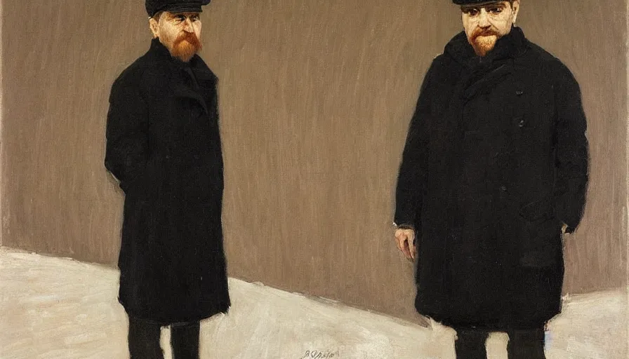 Image similar to painting by borremans, nikolai gogol in a black coat, detailed, stunning