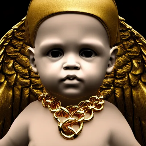 Image similar to a high tech 3 d rendering of a a baby cherub angel wearing a balaclava face mask, ski mask, face covered, covered face, fixed eyes, tattoos, multiple gold cuban chain necklace, concept art octane render, blender,