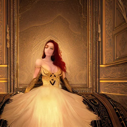 Image similar to an incredibly beautiful and elegant woman covered in intricate gold leaf detail in a gothic hotel room with soft indirect lighting, an ultrafine detailed illustration by victoria frances, final fantasy, cinematic colors, behance contest winner, unreal engine 5 highly rendered, global illumination, radiant light, detailed and intricate environment