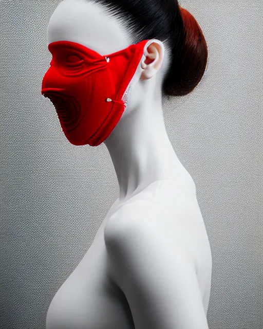 Prompt: portrait of a woman wearing a red embroidered translucent silicone mask and white frizzy hair buns, wearing a black bodysuit, cream white background, soft diffused light, biotechnology, humanoide robot, sterile light, futuristic aesthetic, translucent, ethereal, intricate details, highly detailed, masterpiece,