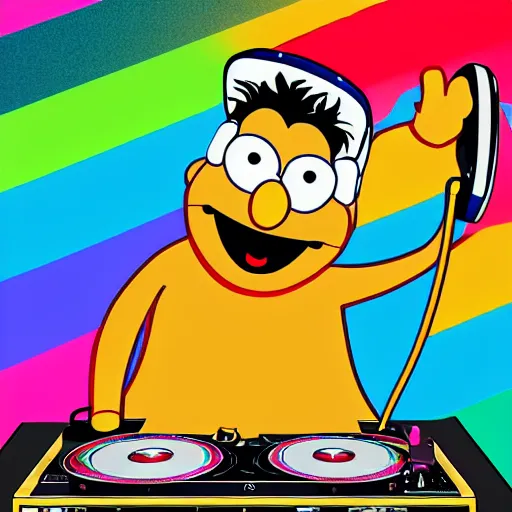 Image similar to svg sticker of a Pop-Wonder Bert&Ernie, Sesame-Street, at a rave, spinning records, giant headphones rocking out, wearing headphones, huge speakers, dancing, rave, DJ, spinning records, digital art, amazing composition, rule-of-thirds, award-winning, trending on artstation, featured on deviantart