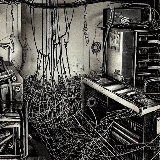 Image similar to a biomechanical cybergoth of dust and ash and wires in a dark grimy bleak room, low key