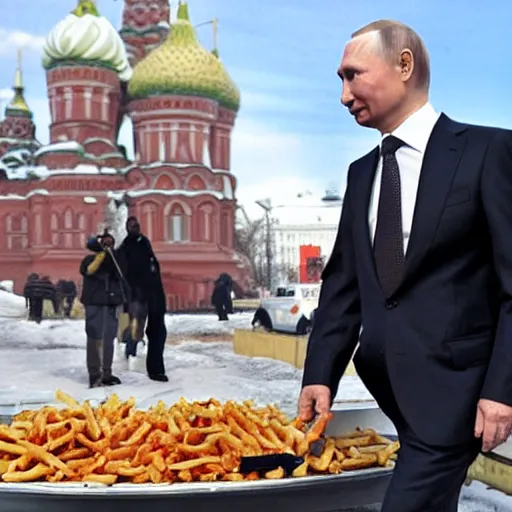 Prompt: vladimir putin enjoying a delicious poutine