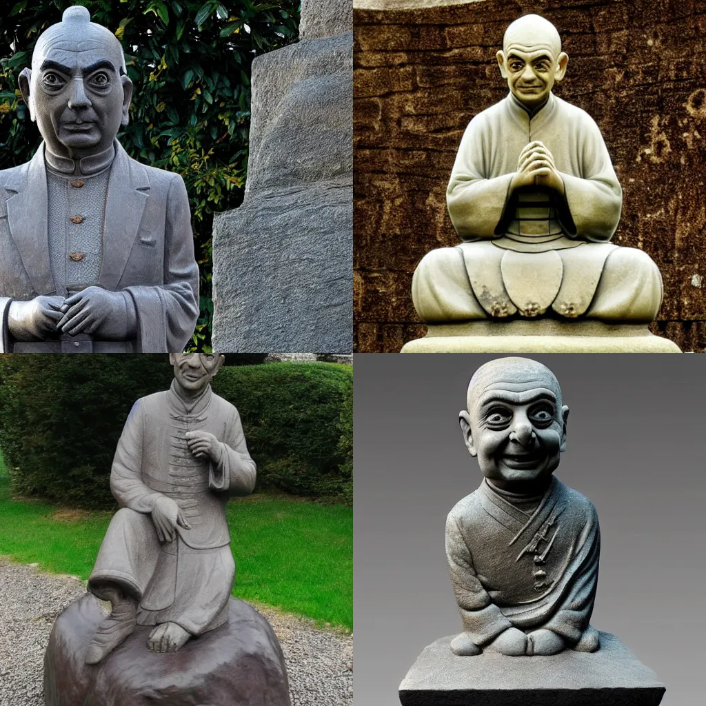 Prompt: mr bean as a sun tzu stone statue