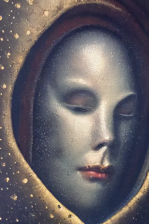 Image similar to hyperrealism oil painting, close - up portrait of face hiding in stingray medieval fashion model, knight, steel gradient mixed with nebula sky, in style of baroque mixed with 7 0 s book art