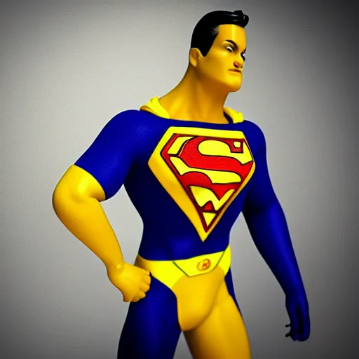 Image similar to still photo of a yellow superman, highly detailed, photorealistic portrait, bright studio setting, studio lighting, crisp quality and light reflections, unreal engine 5 quality render