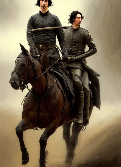 Prompt: painting of john oliver and adam driver together, riding horse, stoic, full body, military uniform, fantasy, intricate, elegant, beautiful, highly detailed, charcoal, centered, dark, smokey, digital painting, artstation, concept art, smooth, sharp focus, illustration, art by artgerm, art by greg rutkowski, art by alphonse mucha