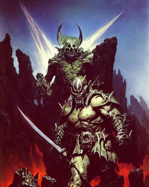 Prompt: the death knight by Frank Frazetta. Thomas Cole and Wayne Barlowe