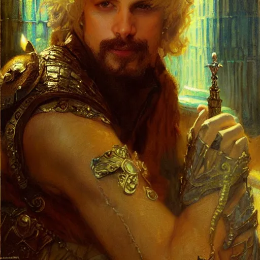 Image similar to attractive arthur pendragon in love with attractive male merlin the mage. highly detailed painting by gaston bussiere, craig mullins, j. c. leyendecker