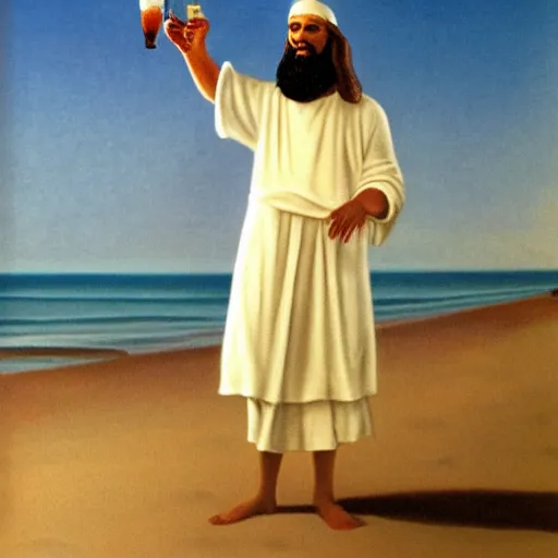 Prompt: Jezus walking on a beach with a cocktail in his hand