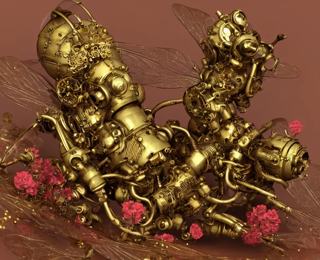 Prompt: brass steampunk honeybee sitting on a red flower. clockwork. gears, pipes. goggles. rivets. octane render. highly detailed.