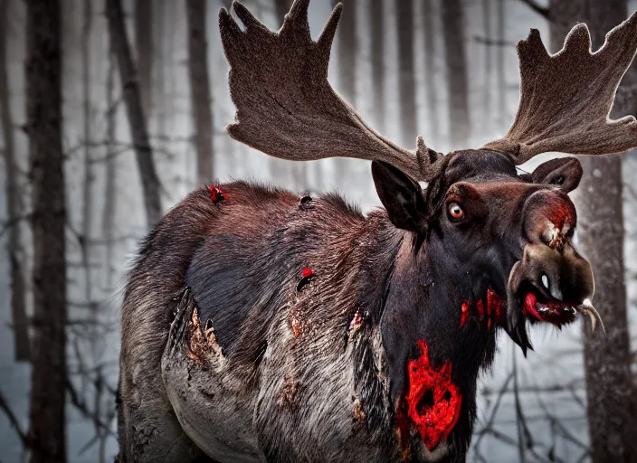 Image similar to an award winning photo of an! undead!!! zombie!! moose with red eyes, full body portrait, decaying!, moldy, evening!! in the forest, 4 k, wildlife photography, high quality, national geographic
