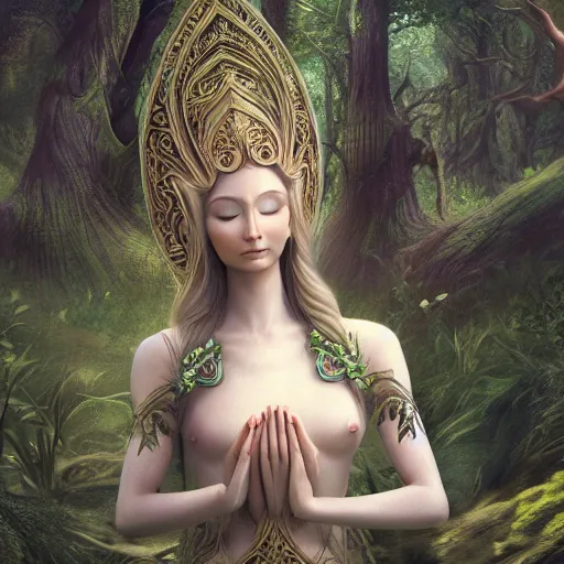 Prompt: elven princess meditating in forest, digital art, trending on artstation, ultra detailed, intricate, sacred geometry, serene, beautiful, photo, realistic, perfect, smooth, 8k