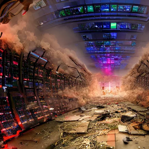 Prompt: diverse groups of humans destroying the supercomputers inside, breaking circuits, smashed, fire, smoke, from behind, rebirth, beauty, wide angle, elaborate, wet, highly detailed, colors, beautiful lighting