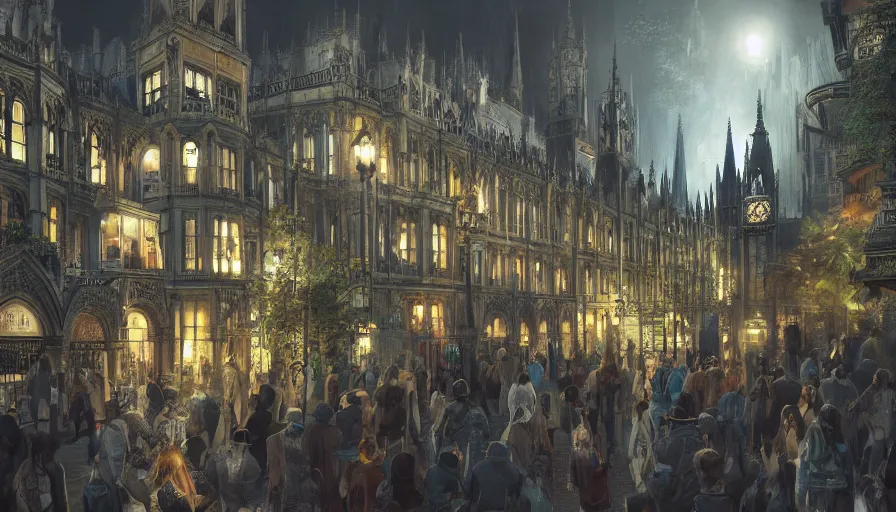 Prompt: neo - gothic london's zoo with crowded place at night, clear, clean, lights, hyperdetailed, artstation, cgsociety, 8 k