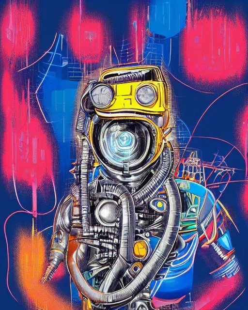 Prompt: a cyberpunk portrait of a deep sea diver by jean - michel basquiat, by hayao miyazaki by artgerm, highly detailed, sacred geometry, mathematics, snake, geometry, cyberpunk, vibrant, water