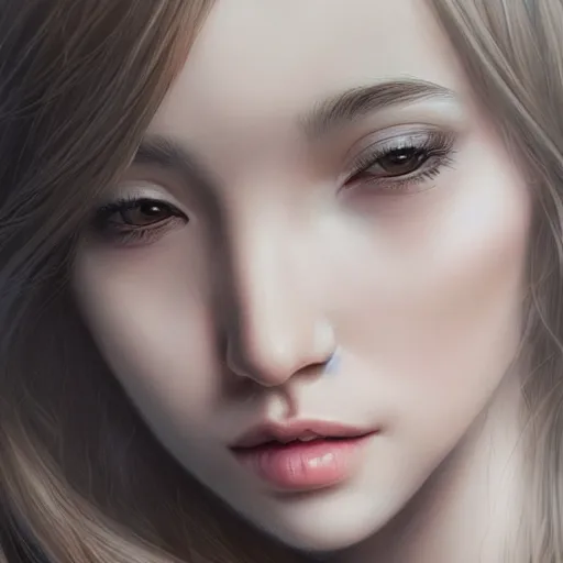 Prompt: a beautiful detailed portrait of young woman, by artgerm, little shy, beautiful eyes, long hair, high details