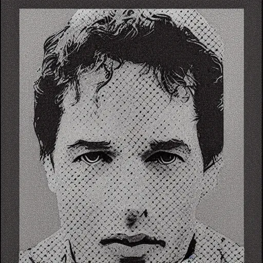 Prompt: aportrait of bob dylan photoshop halftone highlights | chromatic risograph print