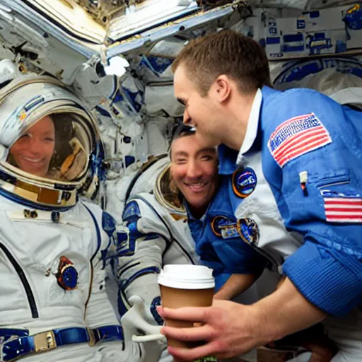 Image similar to astronauts in spacestation getting coffee