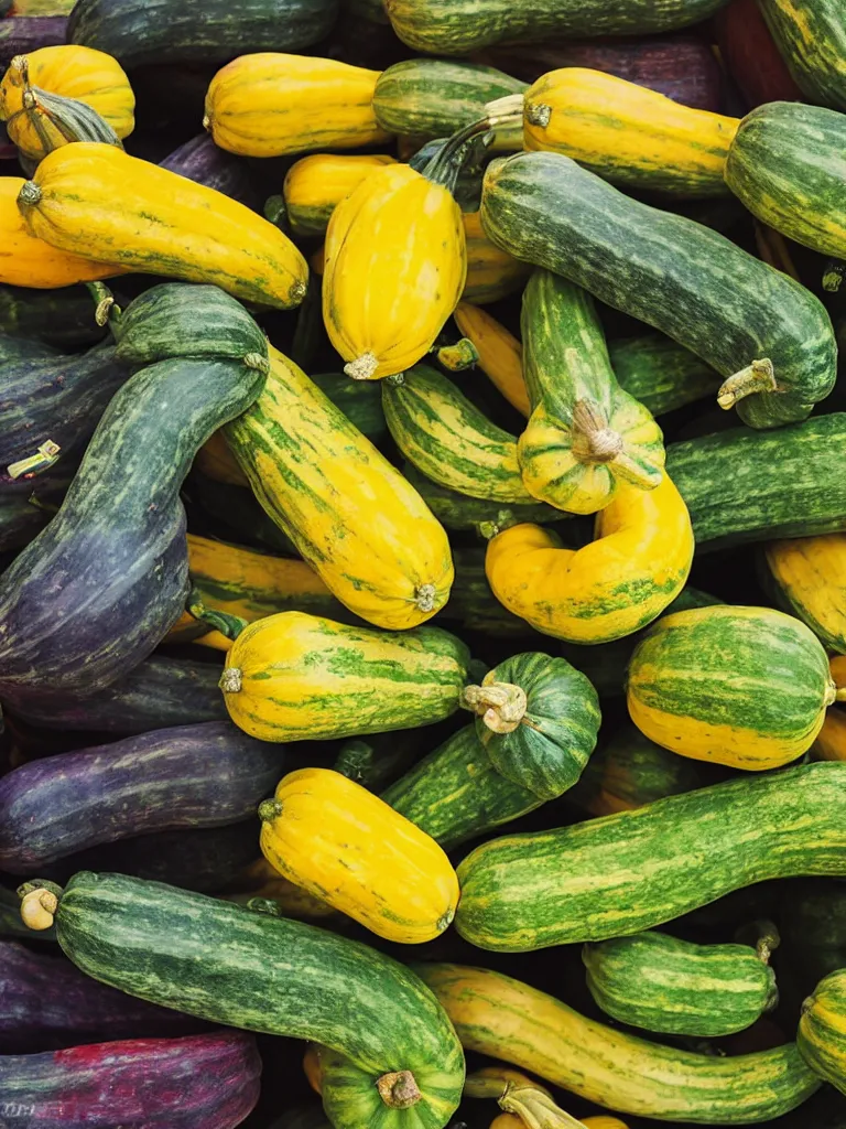 Image similar to photorealistic squash variety, farmer's market setting, vivid colors, soft lighting, atmospheric, cinematic, 8k