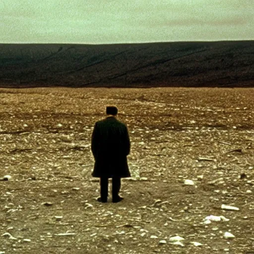 Image similar to george costanza in a barren wasteland, shot by andrei tarkovsky in his film stalker