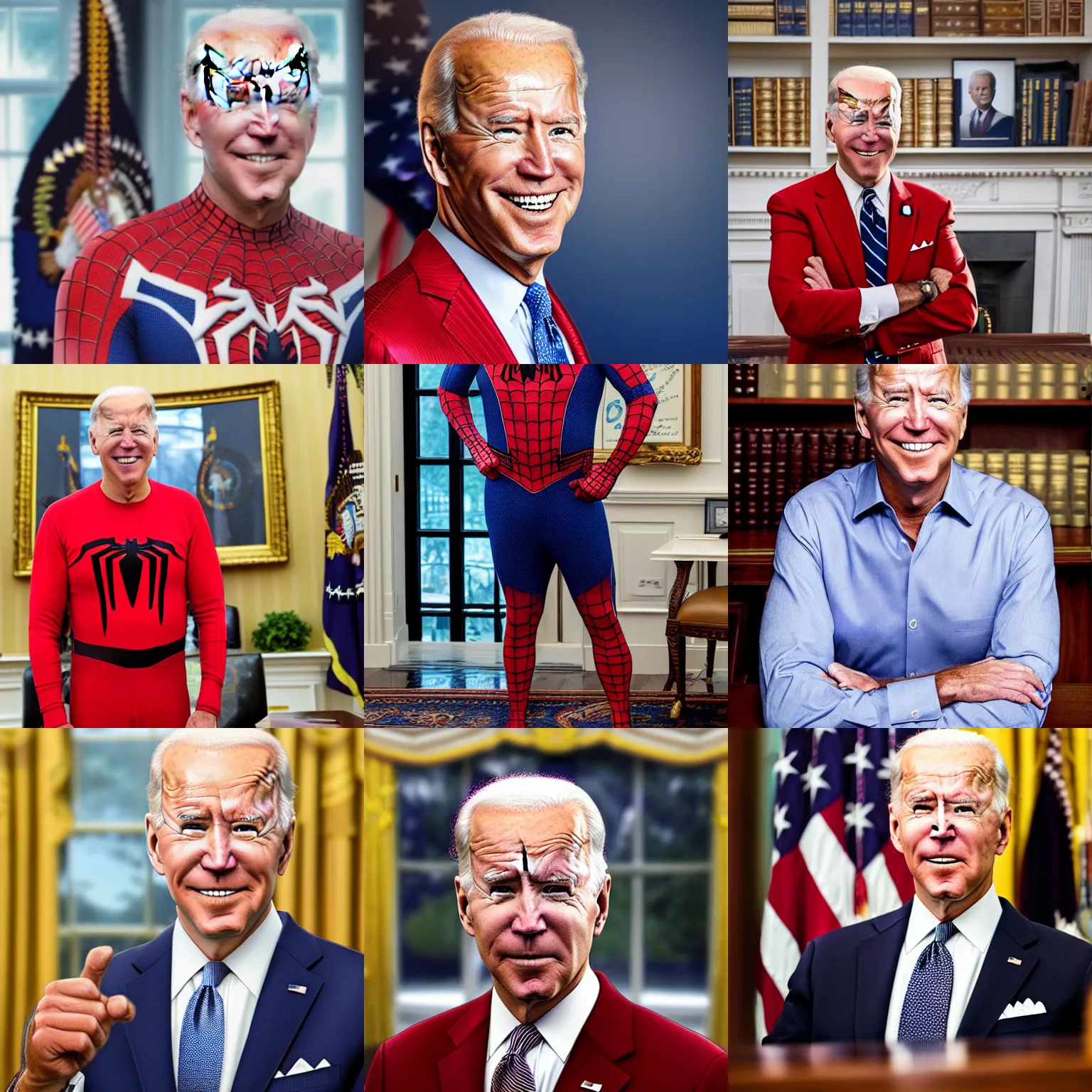 Prompt: professional head shot of joe biden wearing spiderman pajamas and standing in the oval office, very detailed, very intricate, detailed face,
