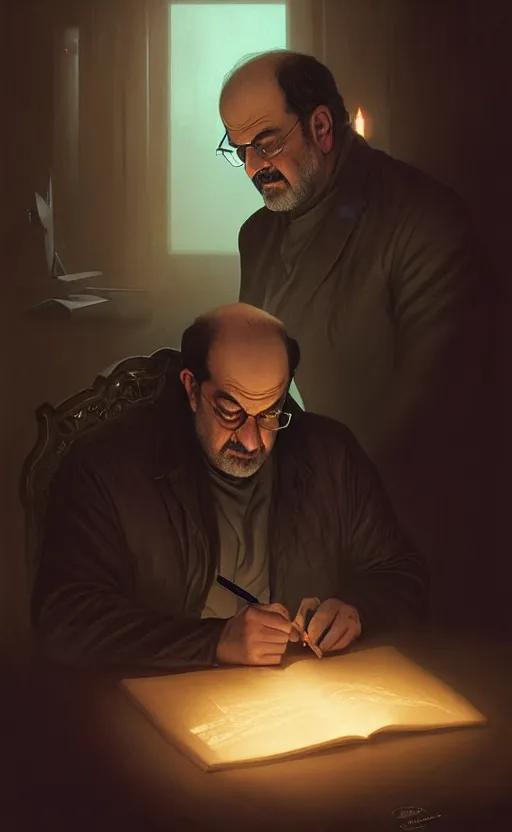 Image similar to portrait of salman rushdie writing in the dark, deep focus, blade runner 2 0 4 9, fantasy, intricate, elegant, highly detailed, digital painting, artstation, concept art, matte, sharp focus, illustration, art by artgerm and greg rutkowski and alphonse mucha