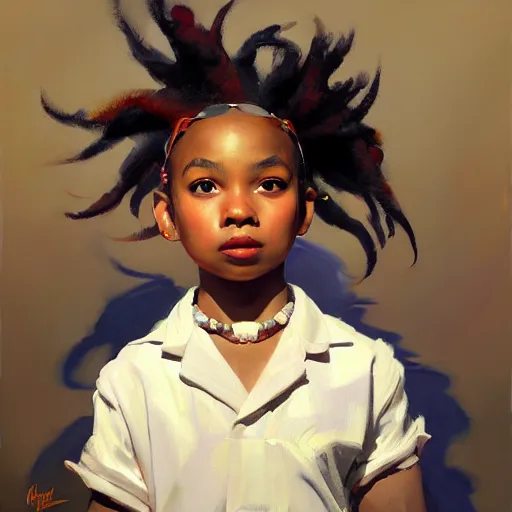 Prompt: !dream Greg Manchess portrait painting of a cute 6 year old afropunk blasian character, medium shot, asymmetrical, profile picture, Organic Painting, sunny day, matte painting, bold shapes, hard edges, street art, trending on artstation, by Huang Guangjian and Gil Elvgren and Sachin Teng