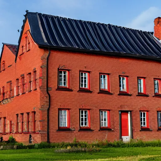 Prompt: 1 8 8 0 s big german farmhouse, red bricks, hannover, lower saxony, black roof