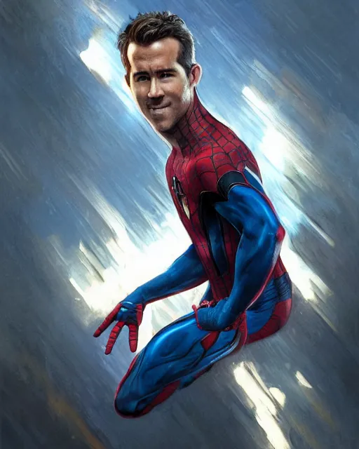 Image similar to ryan reynolds as a black and blue suit spider - man, cinematic, volumetric lighting, f 8 aperture, cinematic eastman 5 3 8 4 film, photorealistic by greg rutkowski, by stanley artgerm, by alphonse mucha