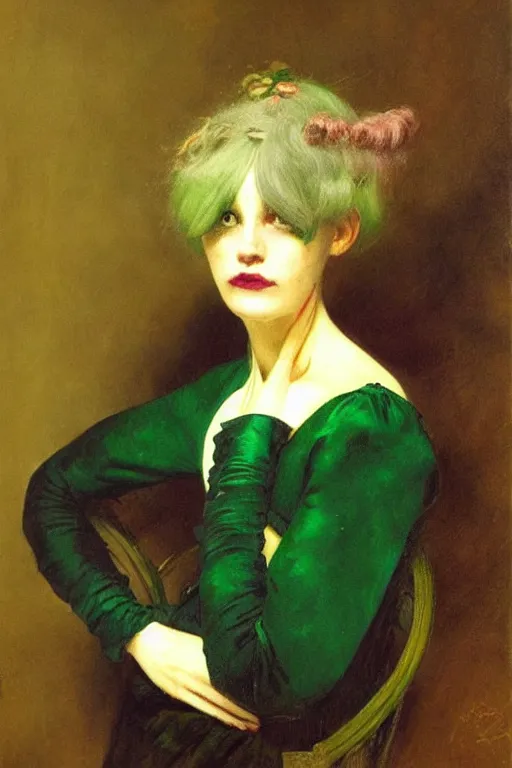 Image similar to creepy portrait of a beautiful sad victorian woman with green hair by denis forkas kostromitin