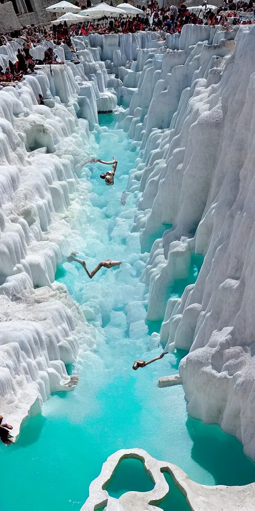 Prompt: downward view of diver plunging downward at Pamukkale, thermal waters flowing down white travertine terraces below, epic fantasy, crowd of people watching, Photorealistic, establishing shot, cinematic lighting, , dramatic lighting, atmospheric, realistic, octane render, highly detailed, color graded, matte painting in the style of craig mullins