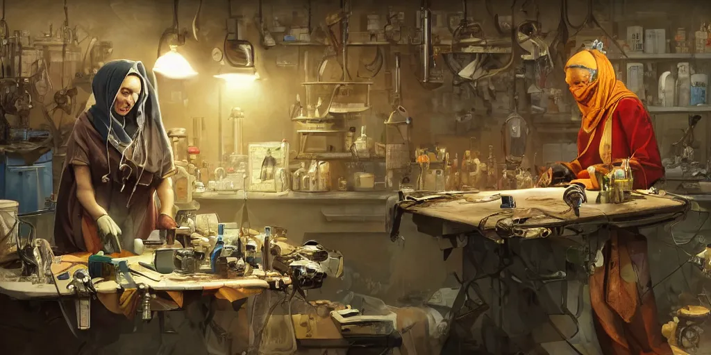 Image similar to an environmental concept art of a babushka cyberneticist in a cluttered mechanics workshop, surgical implements, surgery table, highly detailed, cinematic, dramatic, cyberpunk