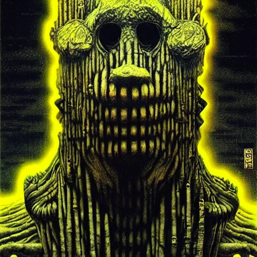 Image similar to mutated giant techno troll, by beksinski and tristan eaton, black and yellow, dark neon trimmed beautiful dystopian digital art