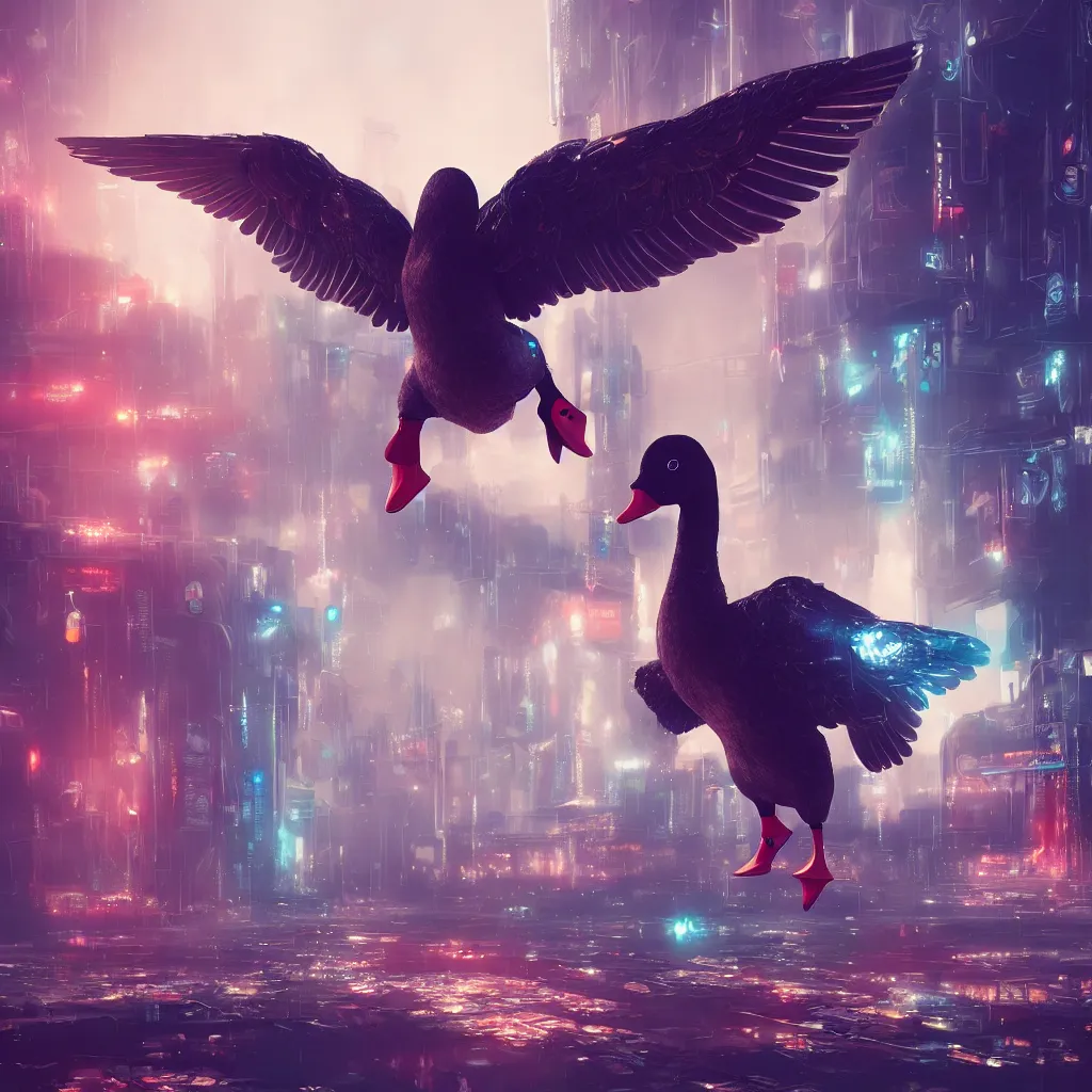 Prompt: giant cute duck!! with cybernetic wings in dystopian cyberpunk city, digital art, photorealistic render, octane, artstation