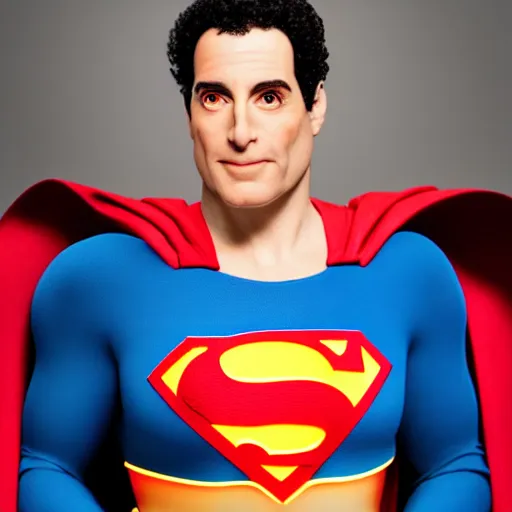 Prompt: uhd candid photo of cosmic seinfeld as superman, glowing, global illumination, studio lighting, radiant light, hyperdetailed, correct faces, elaborate intricate details. photo by annie leibowitz